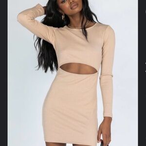 Princess Polly Beige Long Sleeve Cutout Mini Dress